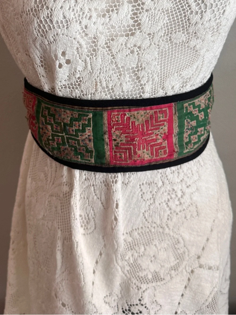 Vintage Hmong Paj Ntaub Obi Belt Boho Embroidered Wrap Money Belt